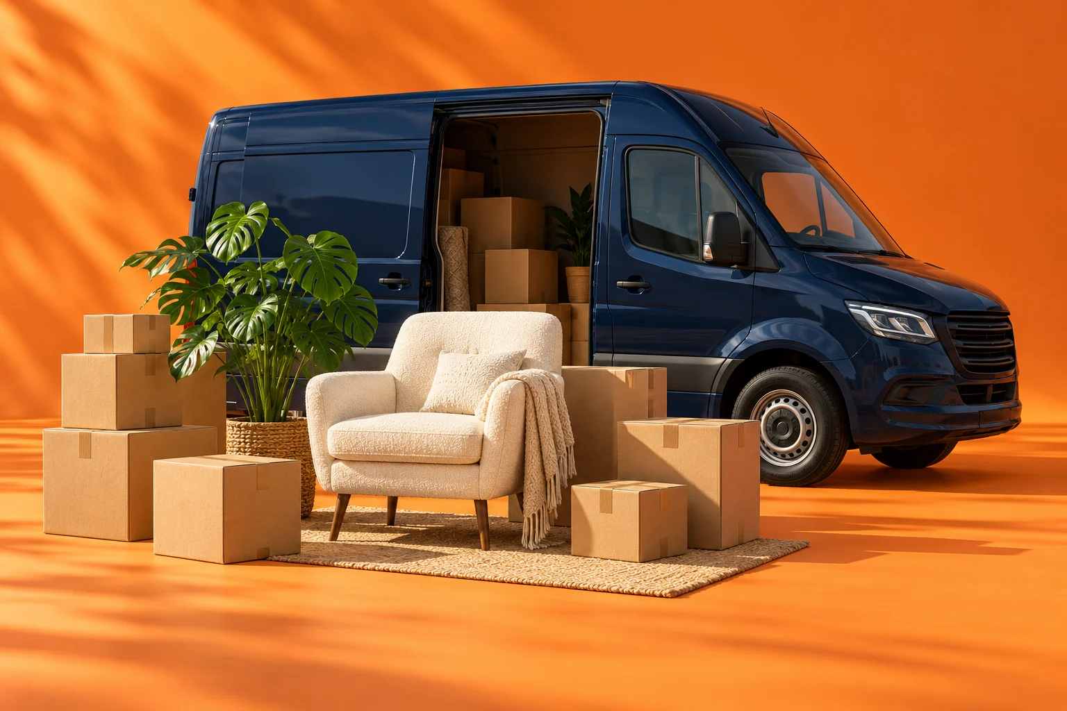 Markenillustration: dunkelblauer Transporter, Umzugskartons und Sessel vor orangefarbenem Hintergrund
